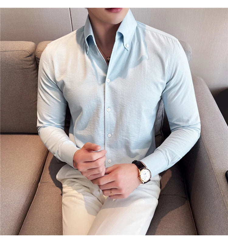 Long Sleeves Shirts for Men Light Thin Fashion Fold Process Wine Red Solid Casual Shirt Men Social Dress Shirt Slim Fit Tuxedo