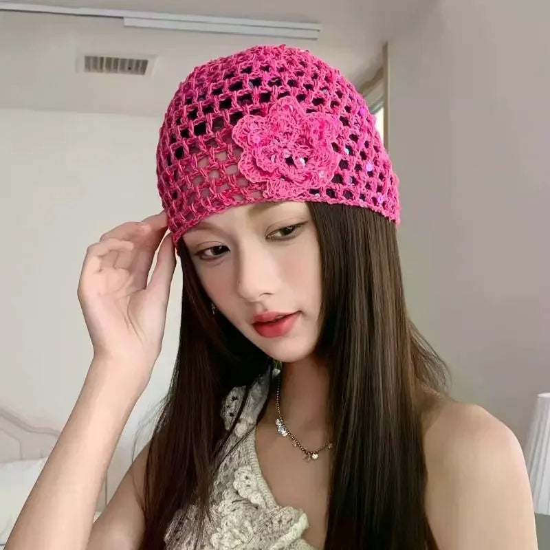 Vintage Chic Sequined Floral Cutout Beanie Ladies Spring Fall Leisure Travel Picturesque All-Around Casual Y2K Knit Beanies