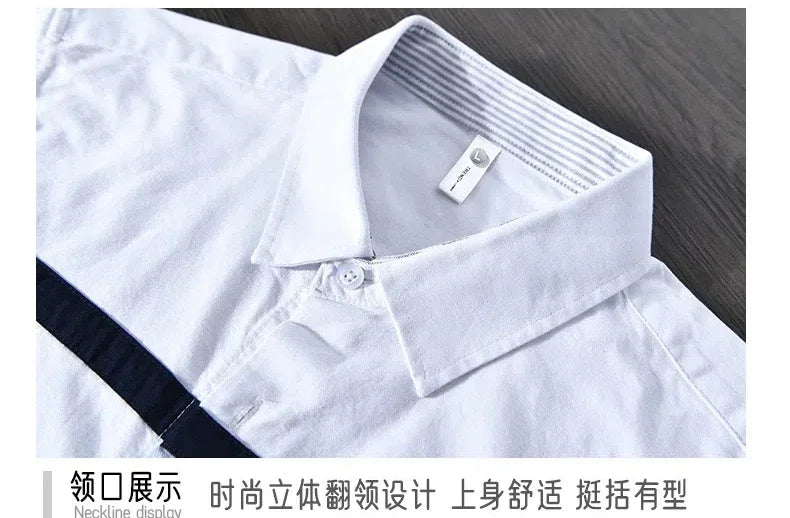 Japanese Fashion Mens Long Sleeve Shirts Spring Summer Daily Casual Pure Cotton Shirt Oxford Striped Patchwork Shirt Youth Tops