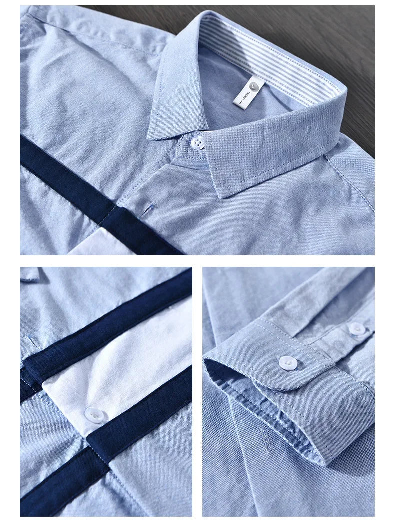 Japanese Fashion Mens Long Sleeve Shirts Spring Summer Daily Casual Pure Cotton Shirt Oxford Striped Patchwork Shirt Youth Tops