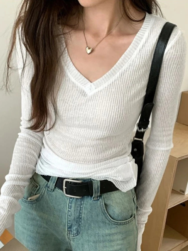 Women Long Sleeve T Shirt Thin Perspective Summer Solid Slim Casual Shirts Female Pullovers Basic Tee Y2k Clothes Streetwear Top