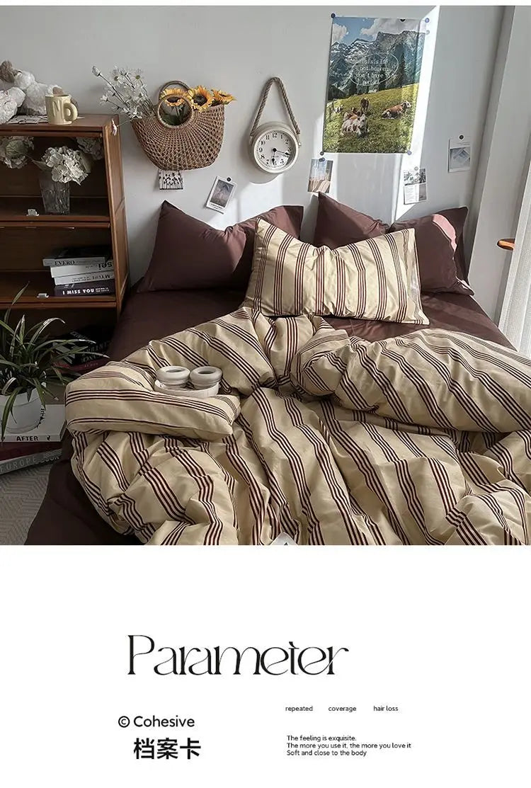 Bedding Set Ins Ambiance Blue Coffee Grid Mixed With Washed Cotton Minimalist Four Piece Set Fitted Sheets Duvet Cover