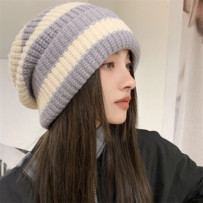 Winter Warm Hats For Women Casual Stacking Knitted Bonnet Caps Men Hats Stripe Hip Hop Unisex Female Beanies