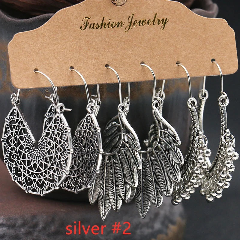 3Pairs Women's Fashion Jewelry Vintage Bohemian Ethnic Carved Dangle Earrings for Women Wedding Engagement Party Banquet Earring