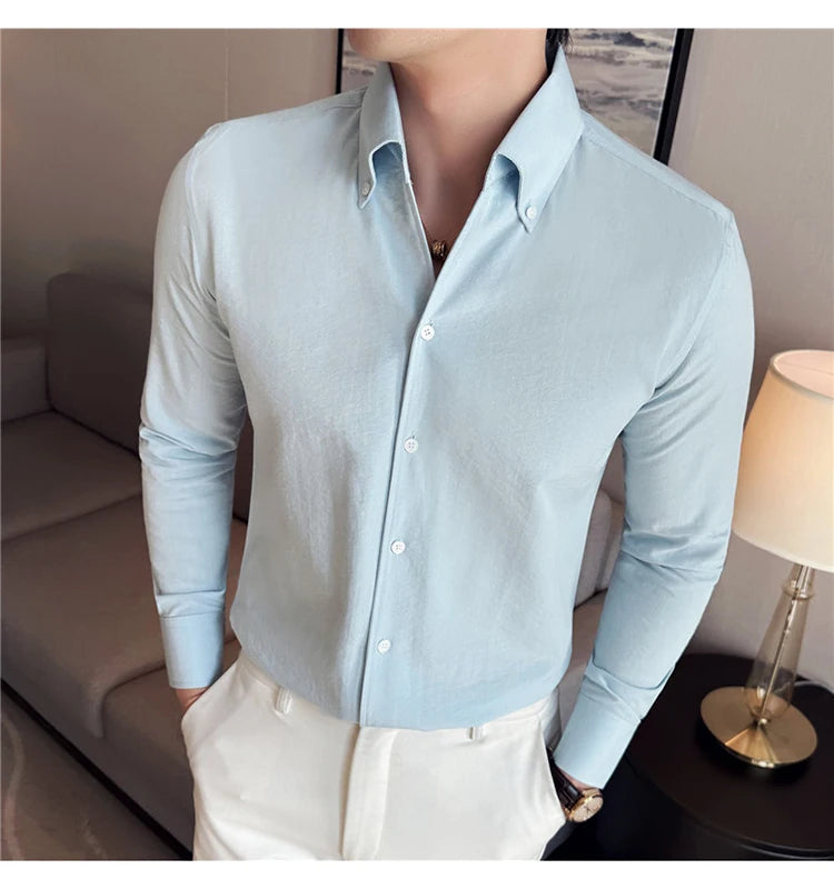 Long Sleeves Shirts for Men Light Thin Fashion Fold Process Wine Red Solid Casual Shirt Men Social Dress Shirt Slim Fit Tuxedo