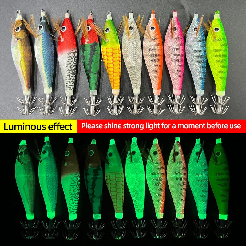Luminous Wrapping Horizontal Shrimp 10cm Wood Shrimp Squid Hook Round Belly Shrimp Bait Lure Fake Bait