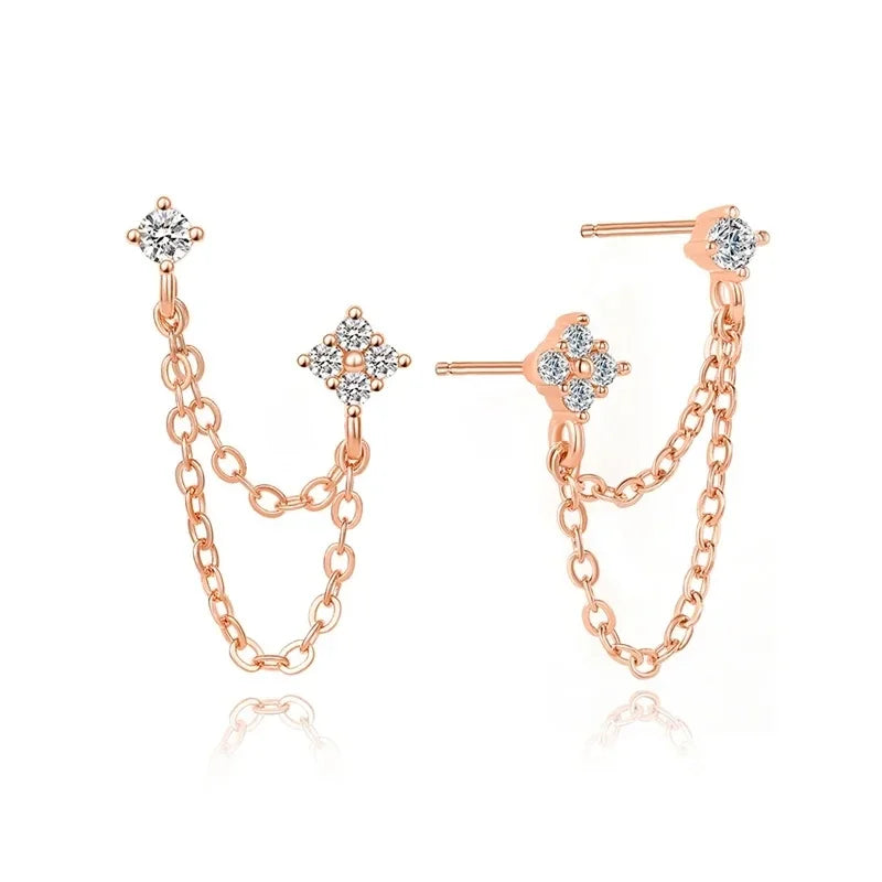 New Arrival Double Ear Studs Tassel Chains Hanging Earrings for Women Ear Piercing 3 Metal Color Luxury CZ Hot Jewelry