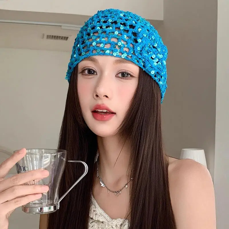 Vintage Chic Sequined Floral Cutout Beanie Ladies Spring Fall Leisure Travel Picturesque All-Around Casual Y2K Knit Beanies