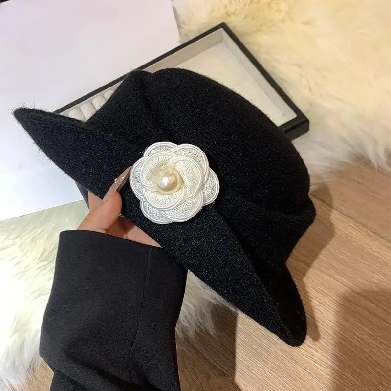 Retro Styled Ruffled Camellia Heiress Hat for Women, French-style Elegant Autumn/Winter Fishermen's Top Hat