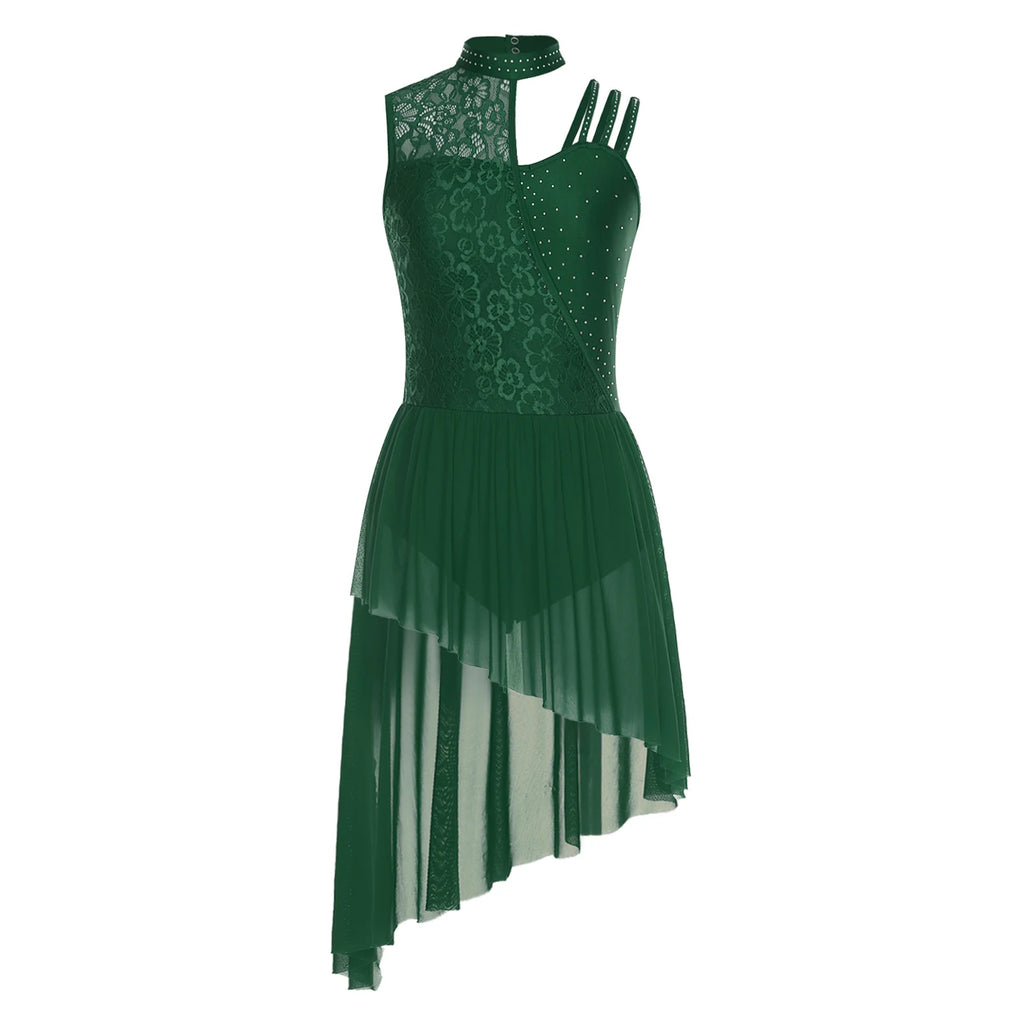 Women Modern Lyrical Dance Performance Costume Floral Lace Rhinestones Leotard Dress for Waltz Latin Cha-cha Ballet Skating