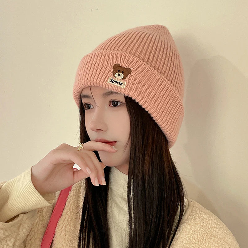 Bear Embroidery Knitted Beanies  Women Autumn Winter Warm Wool Hat Korean Girl Windproof Earmuffs Pullover Cap Bonnet〔CC55〕