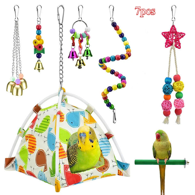 Bird Toy Wood Parrot Toys Set Cage Bird Accessories Swing Suspension Bridge Ball Cage Bells Pet Supplies juguetes para pájaros