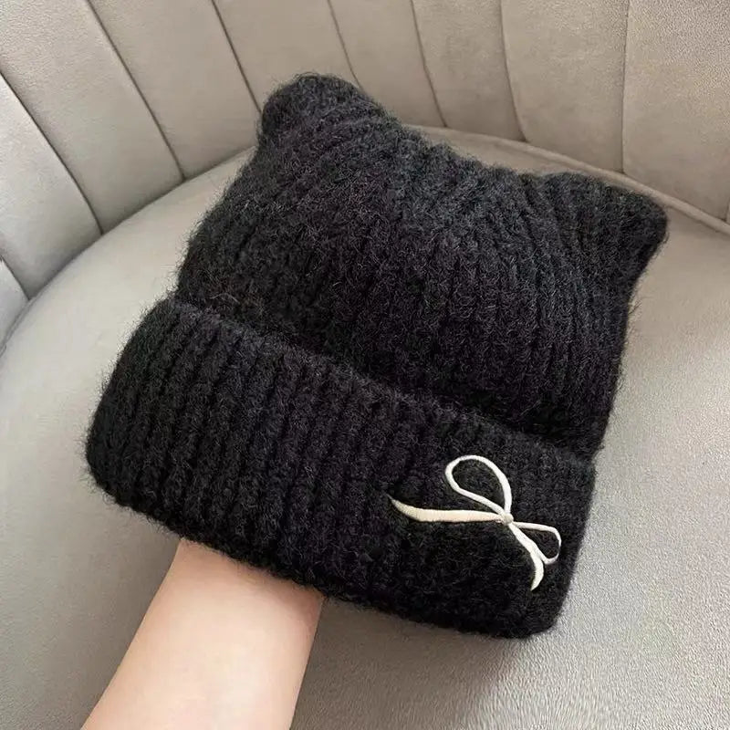 Girls' Hats  Cute Cat Ears  Autumn  and  Winter  New Knitted Hats  Winter Warm Bows Small  Hats Cold-proof Warm Hats