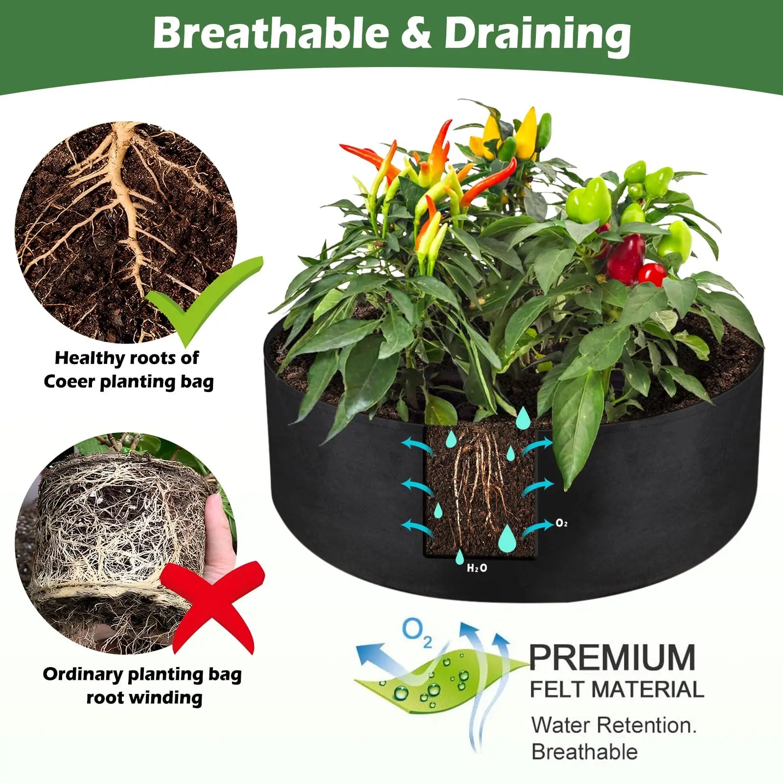 Plant Grow Bags Heavy Duty Fabric Raised Garden Planting Bed Round Breathable Felt Planting Container for Vegetables Flower Herb