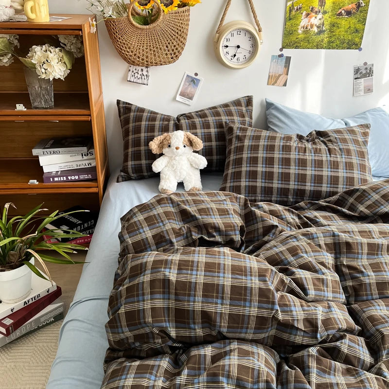 MissDeer Bedding Set Ins Ambiance Blue Coffee Grid Mixed With Washed Cotton Minimalist Four Piece Set Fitted Sheets Duvet Cover