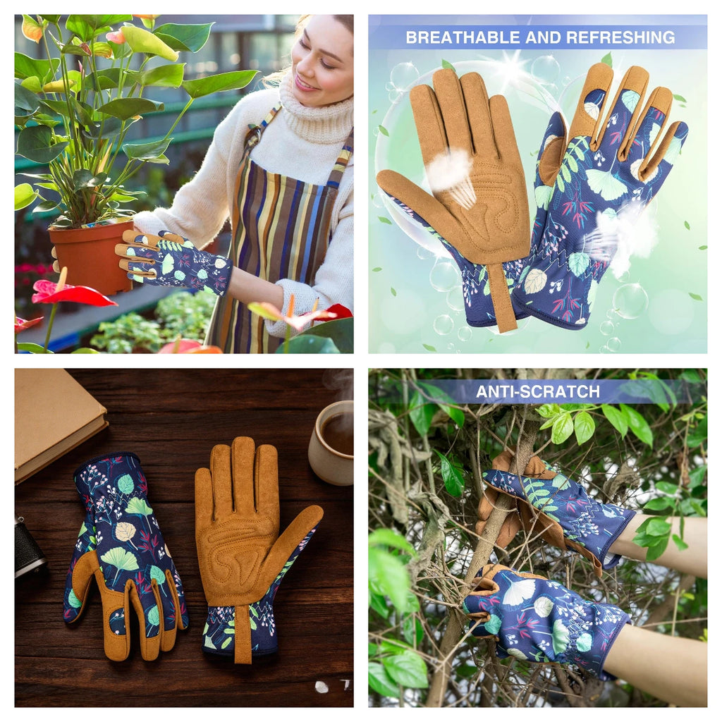 Womens Gardening Weeding Working Gloves, Leather Garden Glove for Women Thorn Proof No Stab for Digging, Planting,Pruning