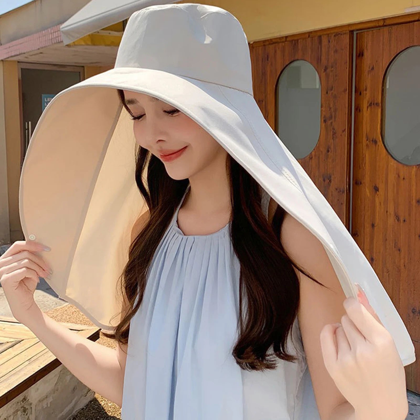 Sun Protection Hat with Neck Cover Soild Breathable Wide Brim Hats for Travel Holiday Beach Playing