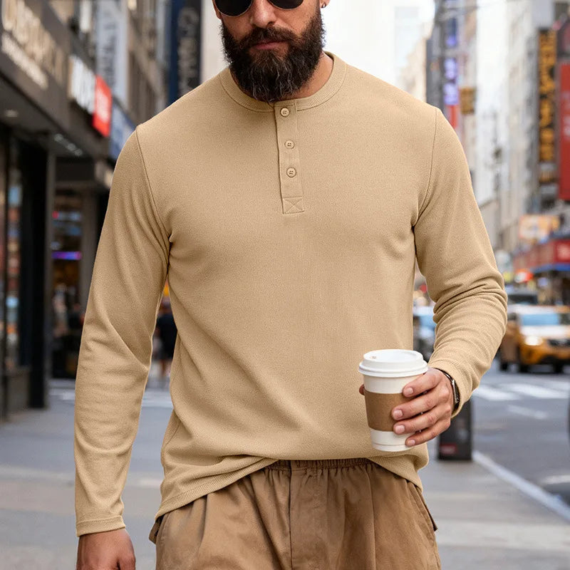 2025 NEW Men's Long Sleeve Henley Shirts Spring Autumn Daily Casual Solid Color Pullover Tops Mens Fashion T Shirt