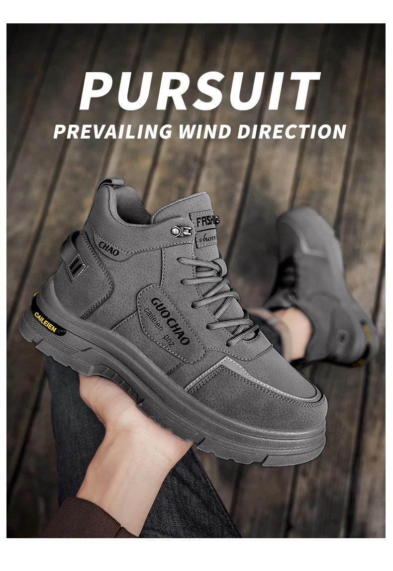 High Top Boots Four Season Outdoor Work Shoes Men's Anti Slip and Comfortable Black Boots Fashion British Casual Leather Boots
