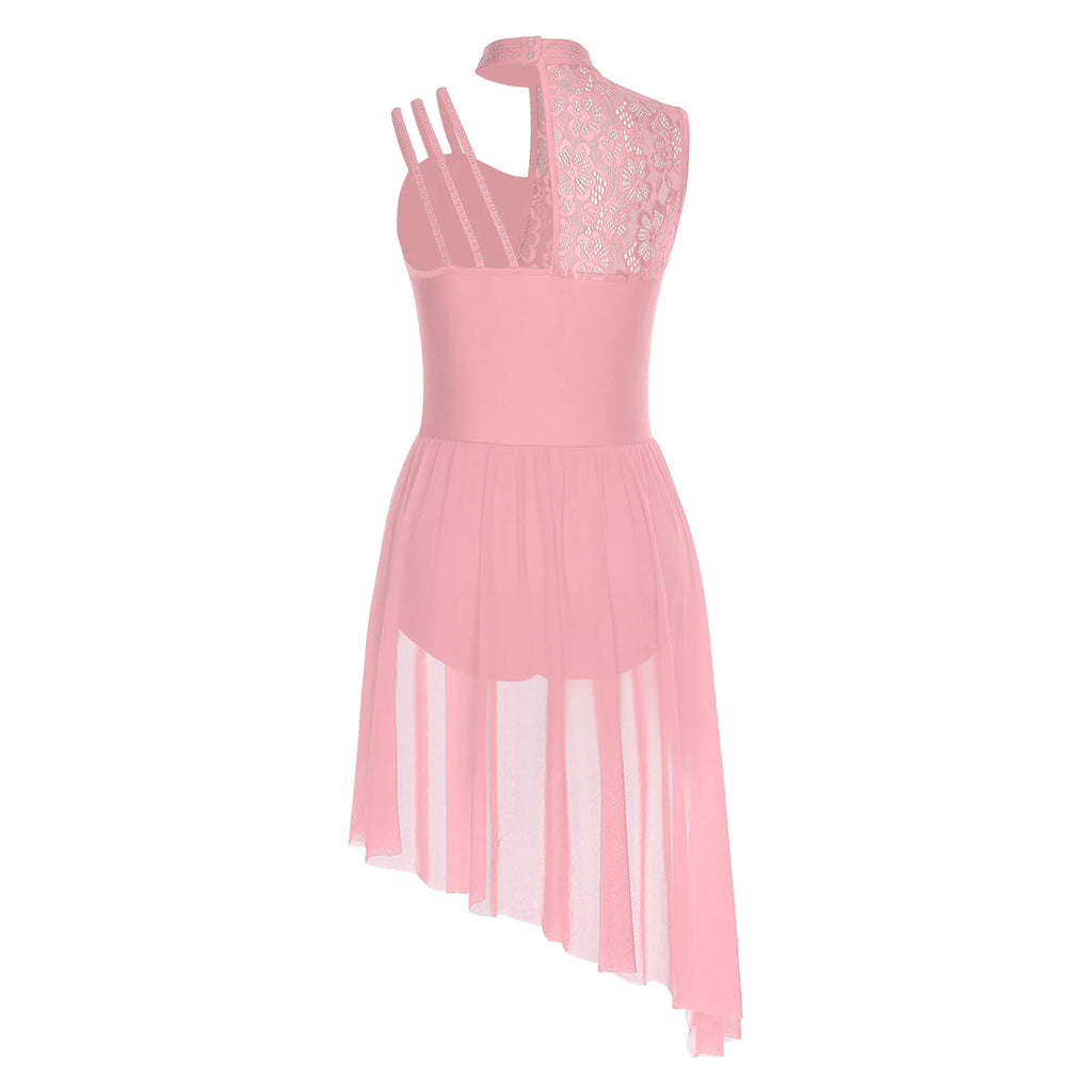 Women Modern Lyrical Dance Performance Costume Floral Lace Rhinestones Leotard Dress for Waltz Latin Cha-cha Ballet Skating