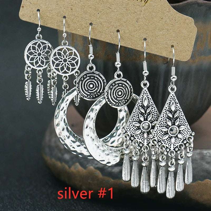 3Pairs Women's Fashion Jewelry Vintage Bohemian Ethnic Carved Dangle Earrings for Women Wedding Engagement Party Banquet Earring
