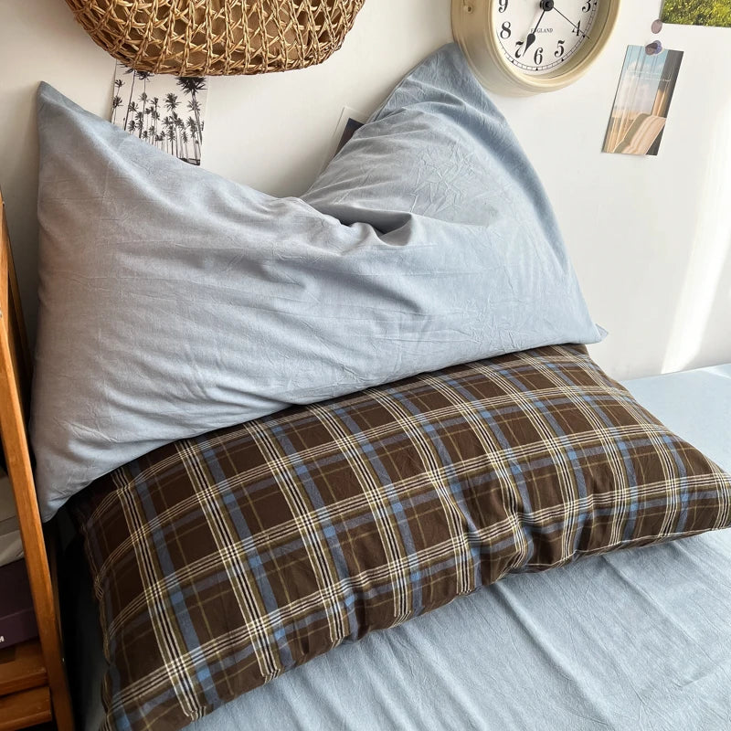 MissDeer Bedding Set Ins Ambiance Blue Coffee Grid Mixed With Washed Cotton Minimalist Four Piece Set Fitted Sheets Duvet Cover