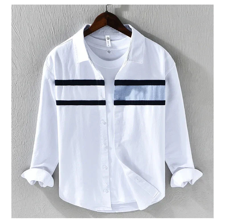 Japanese Fashion Mens Long Sleeve Shirts Spring Summer Daily Casual Pure Cotton Shirt Oxford Striped Patchwork Shirt Youth Tops