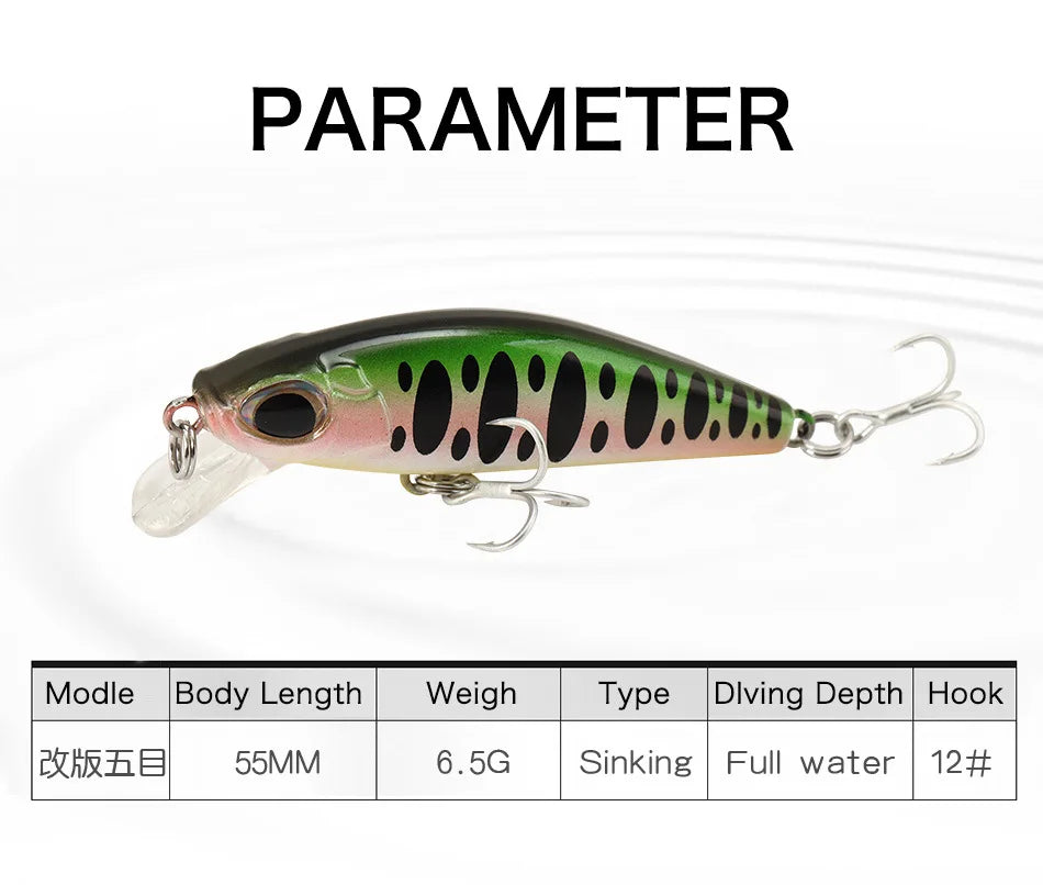 5.5cm 6.5g Slow Sinking Minnow Fishing Lures Artificial Bait Trolling Jerkbait Trout Bass Bait Pike Fishing Equipment