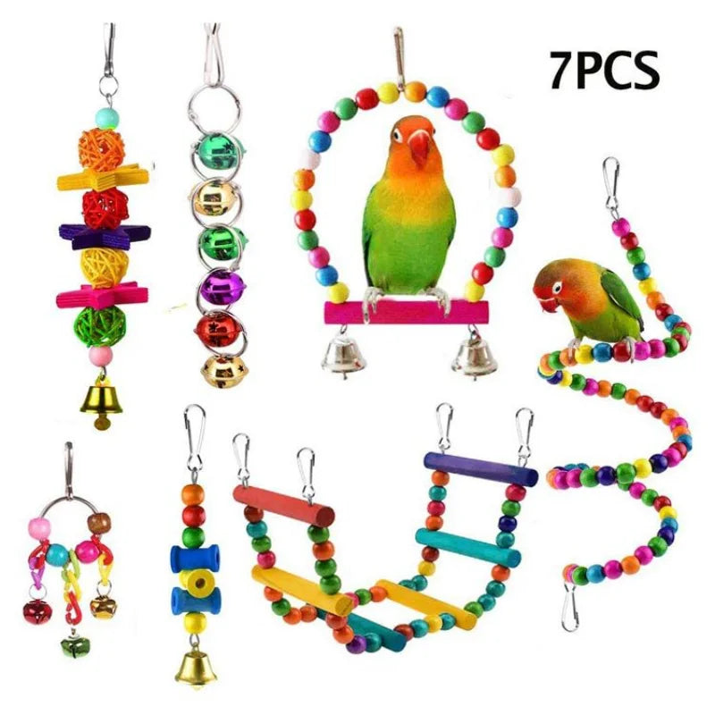 Bird Toy Wood Parrot Toys Set Cage Bird Accessories Swing Suspension Bridge Ball Cage Bells Pet Supplies juguetes para pájaros