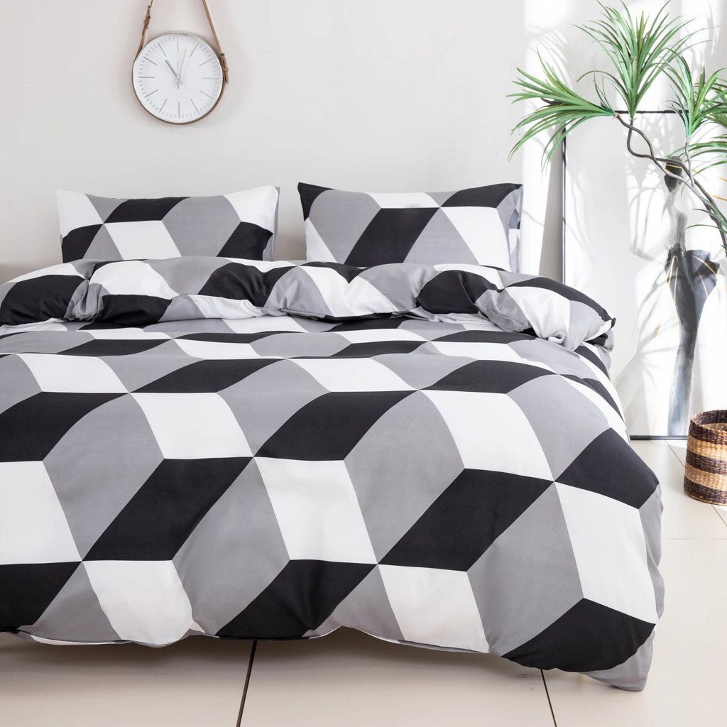 2 Pillowcases + 1 Duvet Cover, Polyester Geometric Print Black and White Diamond-Shaped Bedspread 3-Piece Set, Ultra-Soft and Comfortable Polyester Breathable Bedding Duvet Set, Suitable for Bedrooms and Guesthouses (Bedsprea