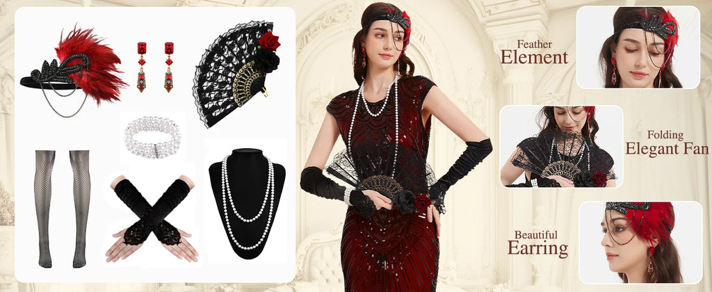 1920s Dresses for Women Flapper Dress Lace Fan Feather Headband Sequins Beads Fringes 20s Accessories Vintage Mafia Costume