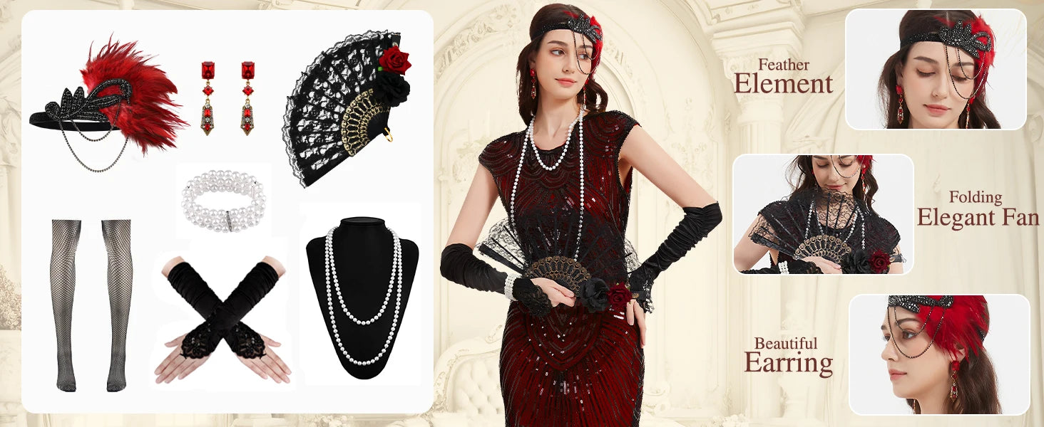 1920s Dresses for Women Flapper Dress Lace Fan Feather Headband Sequins Beads Fringes 20s Accessories Vintage Mafia Costume