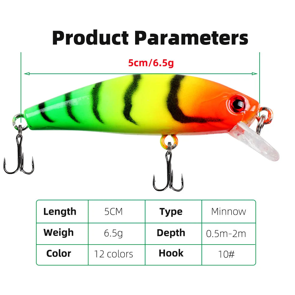 Fishing Lure 6.5g/5cm Sinking Minnow Peacock Bass Fishing Bait with 2 Trible Hook