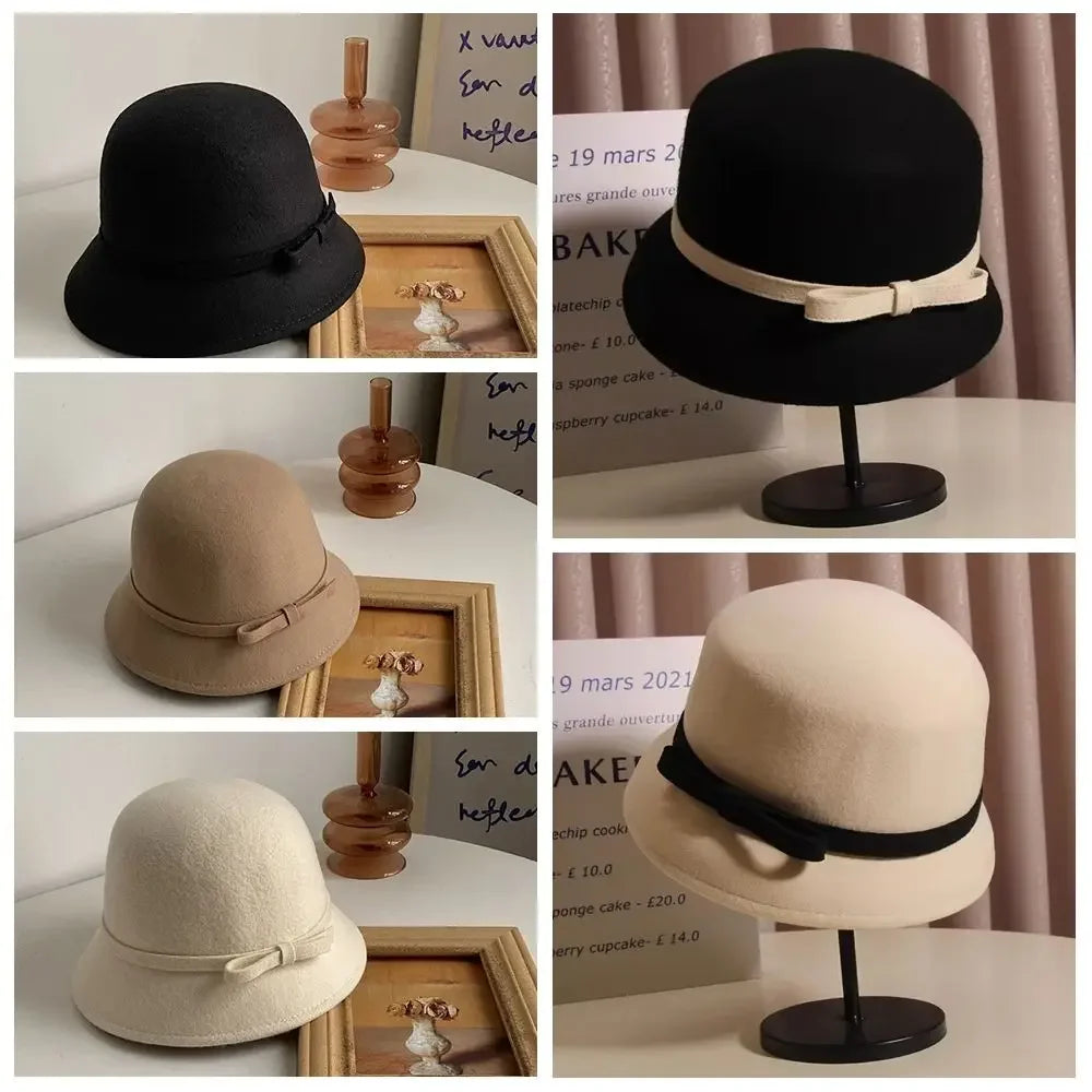 Retro Hepburnesque Felt Formal Hat Wealthy Heiress Style British Style Bowknot Bucket Hat Panama Cap Autumn