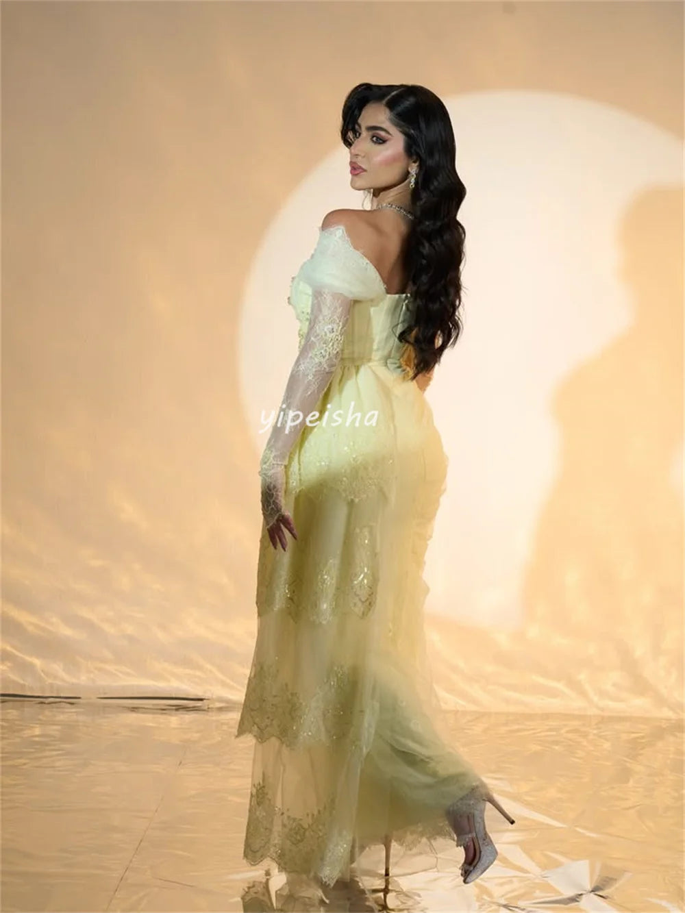 Customized Modern Style Intricate Lace Sequined Pleat Straight Off-the-shoulder Long Dresses Bespoke Occasion Dresses Fashion