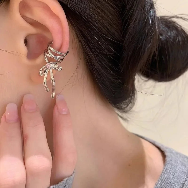 New Elegant Aesthetics Bow Knot Clip Earrings Women Non-Piercing Ear Clips Ballet Ribbon Style Ear Cuff Fashion Earrings Jewelry