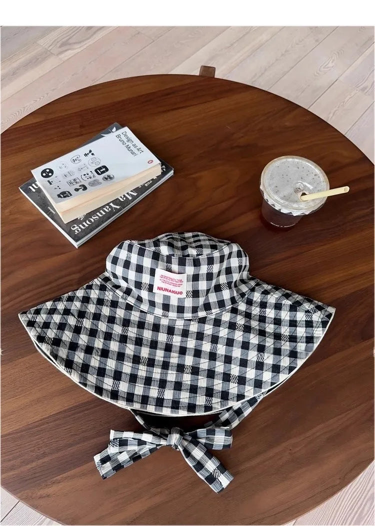 Women's Cute Hat Korean kawaii Checkered Fisherman's Hat Summer Sun Protection Shading Hat Big Head Double Basin Hat Funny Hat