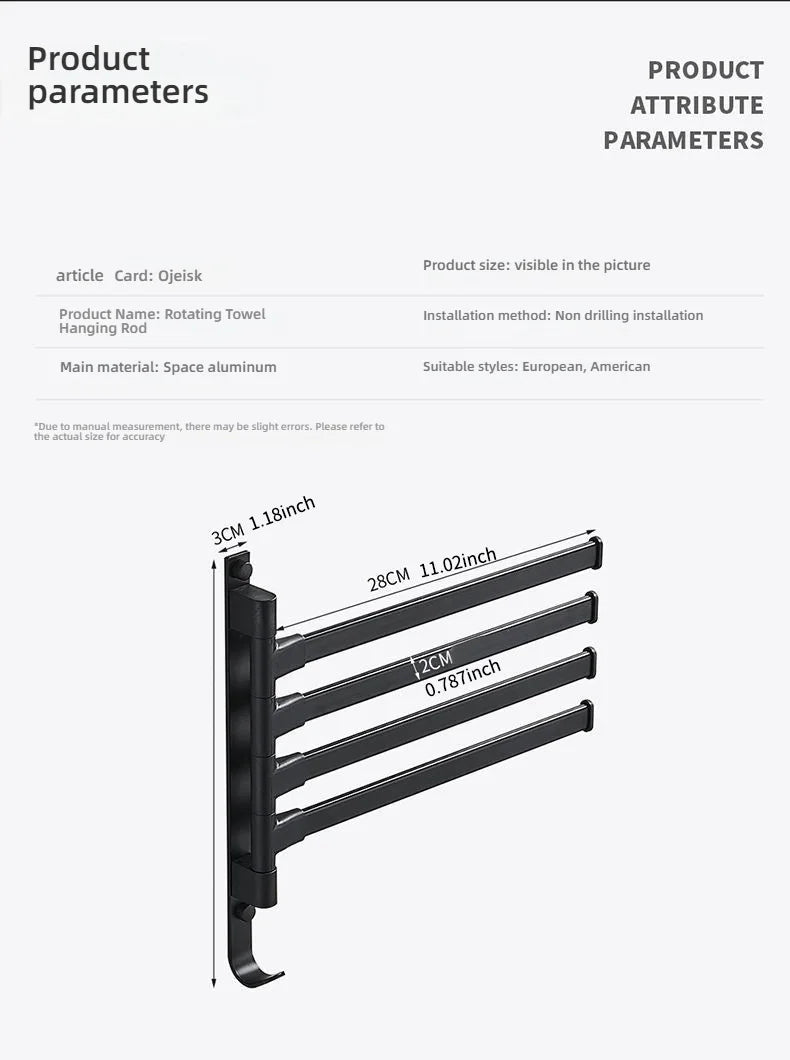Bathroom Rotating Towel Bar Wall Mounted Non Perforated Iron Towel Storage Rack For Household Bathroom Storage Products