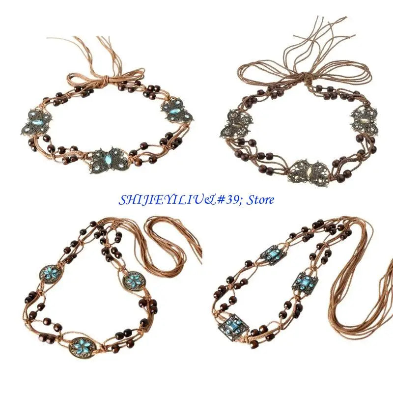 E21F Brown Belt with Beads Butterflies Vintage Tassel Cotton Rope Waist Chain Woven Waist Belts for Dress Party Dance Show