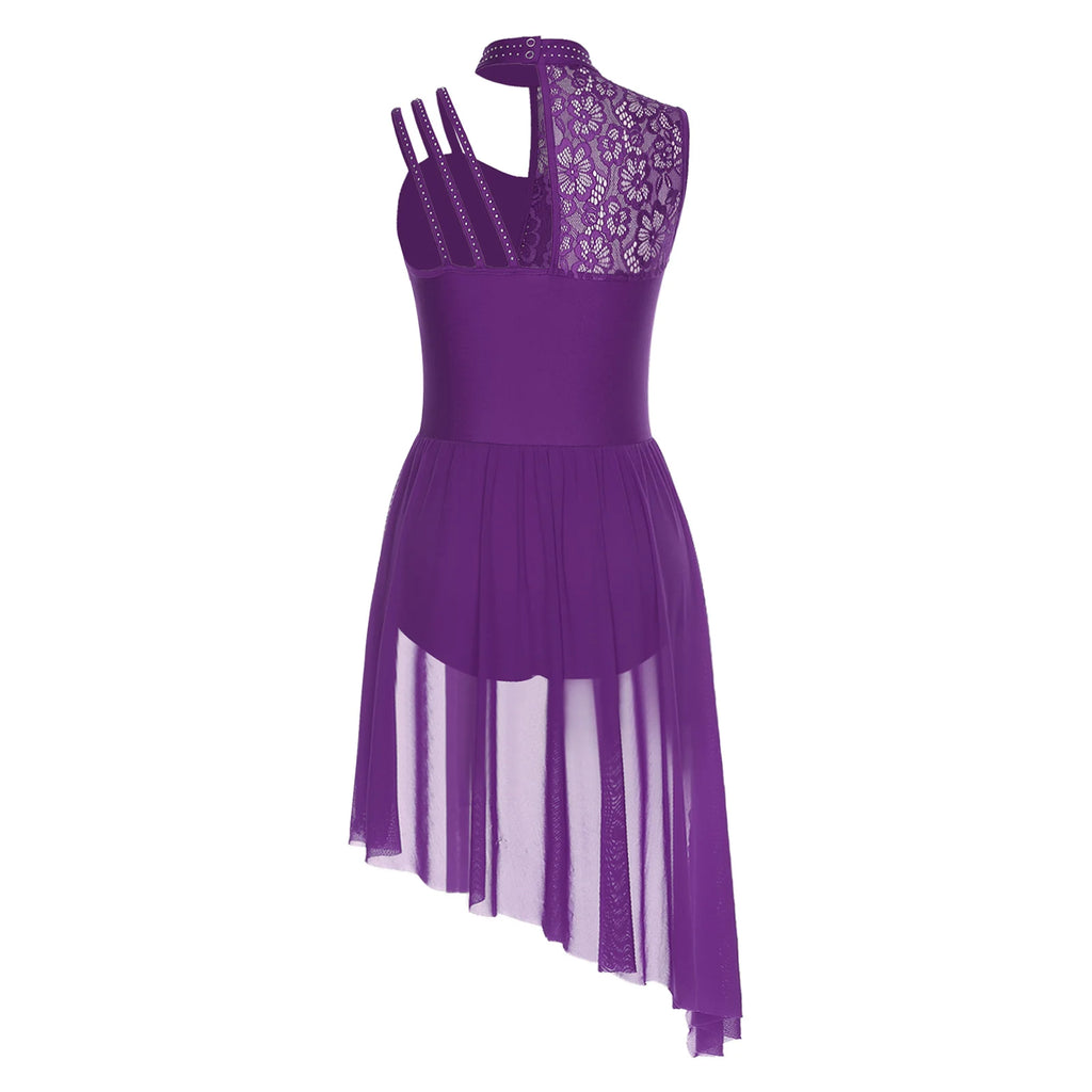 Women Modern Lyrical Dance Performance Costume Floral Lace Rhinestones Leotard Dress for Waltz Latin Cha-cha Ballet Skating