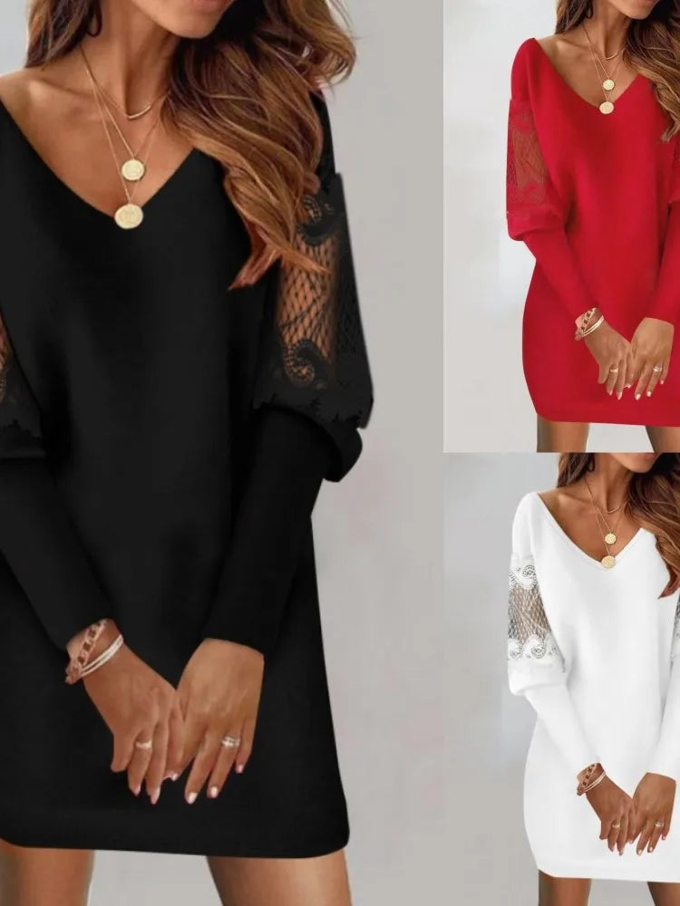 Dresses For Women 2024 Sexy V Neck Mesh Lace Sleeve Loose Dress Spring Autumn Casual Elegant Office Ladies Dress Robe Femme