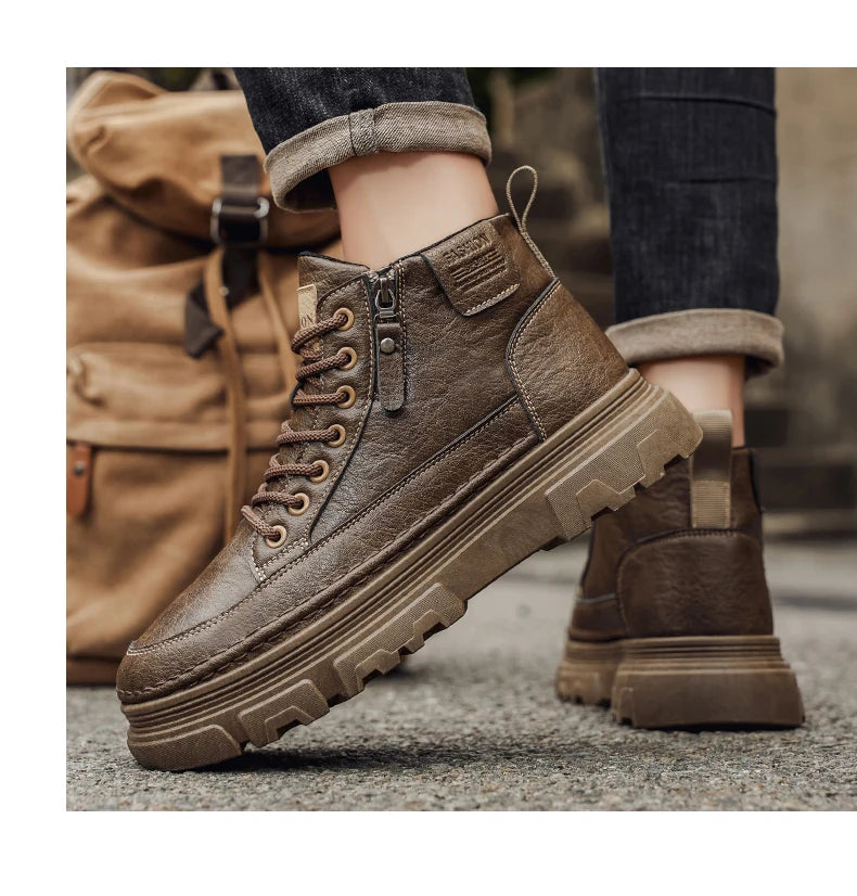 Men Boots Autumn Leather Waterproof Mid-top Sports Shoes New Fashion Ankle Boots Casual Outdoor Hiking Boots Shoes Male Sneakers