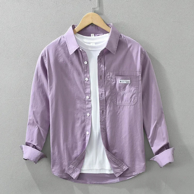 Japanese Fresh Mens Long Sleeve Shirts Spring Summer Daily Casual Man Shirts Lapel Pocket Yellow Shirt Pure Cotton Top Simple