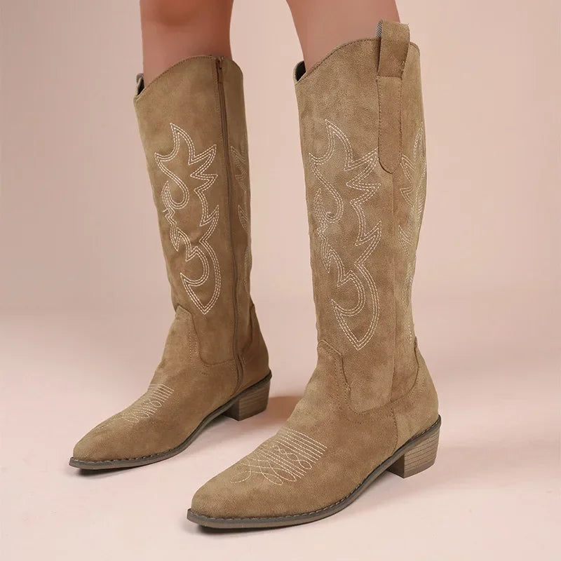 Embroidered Western Cowboy Boots for Women Autumn Pointed Toe Thick Heel High Knee Boots Woman Loose PU Leather Long Botas Mujer