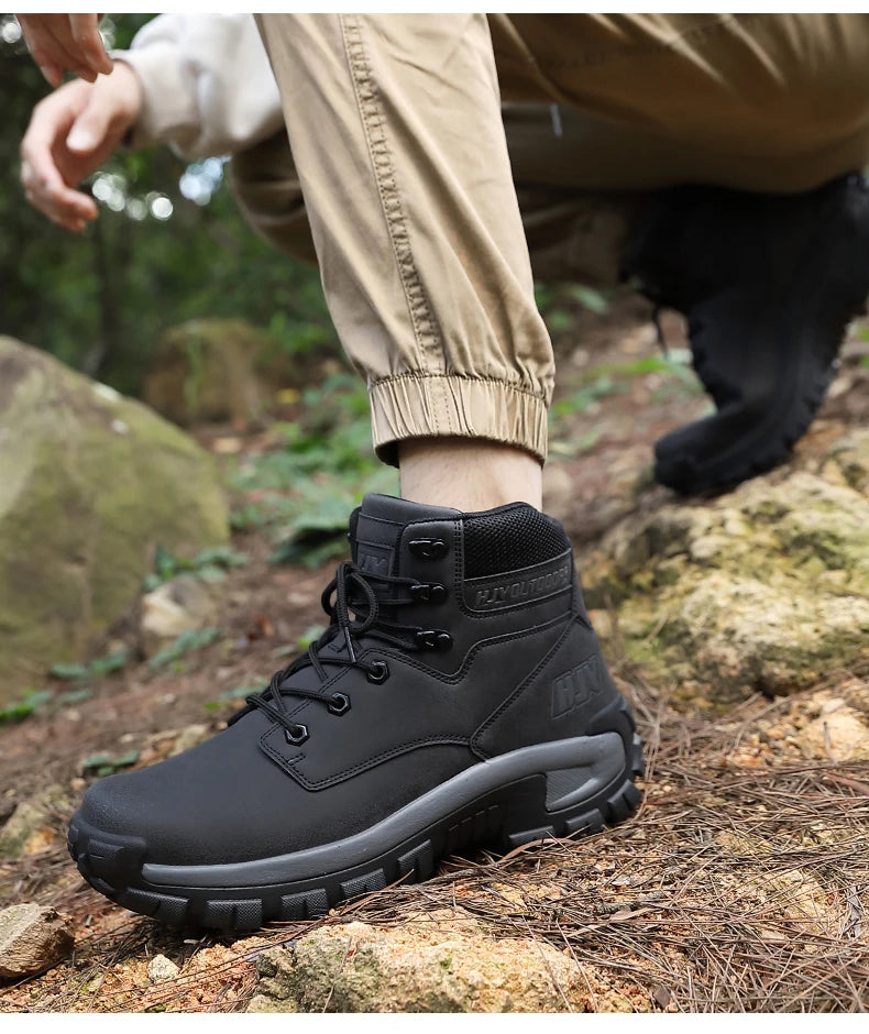 High-Top Leather Men's Boots Breathable Desert Combat Boots Outdoor Non-slip Hiking Boots Men Motorcycle Boots Work Ankle Boots
