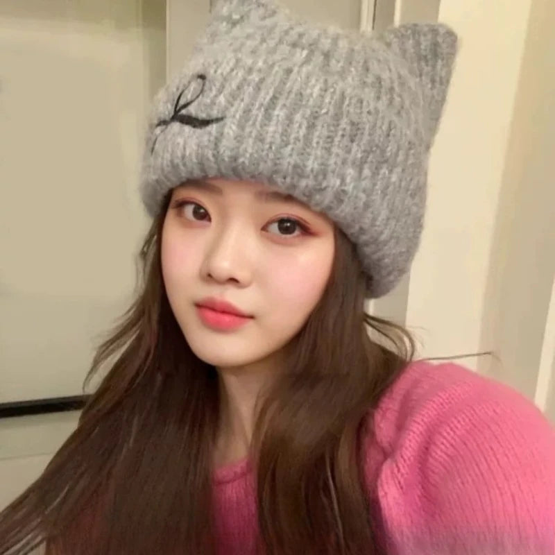 Girls' Hats  Cute Cat Ears  Autumn  and  Winter  New Knitted Hats  Winter Warm Bows Small  Hats Cold-proof Warm Hats