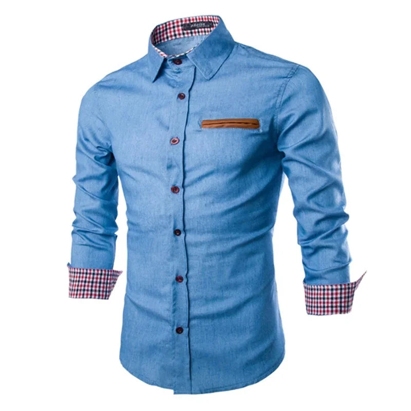 Mens Denim Shirts 2025 Long Sleeve Men Dress Shirt Fashion Slim Fit Style Navy Blue Jeans Male Shirt Longsleeve Shirt for Men