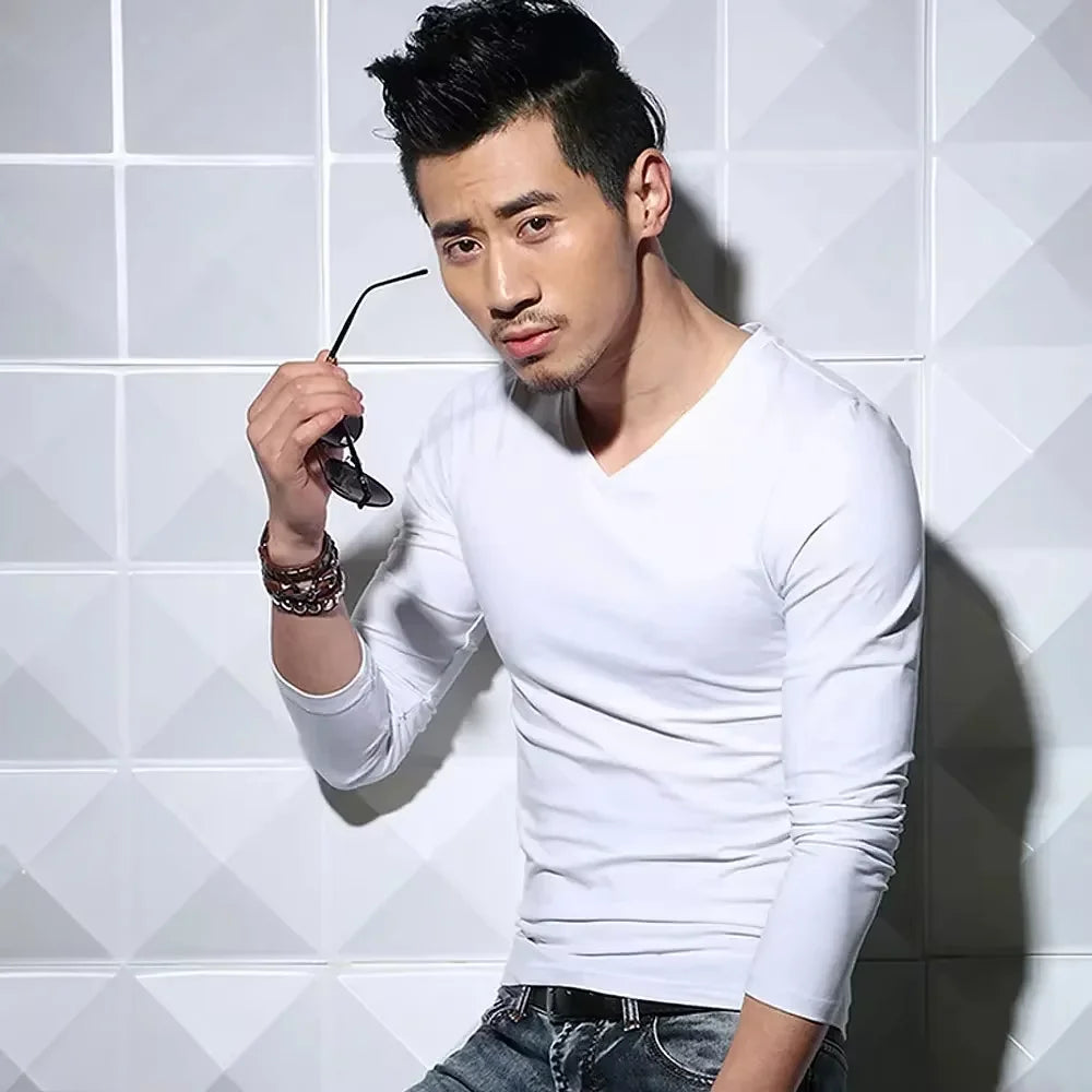 Men's T-Shirts Long Sleeve V Neck T Shirt 2025 MRMT Men Polyester T-Shirt Solid Color Slim Tight Man T Shirt For Male