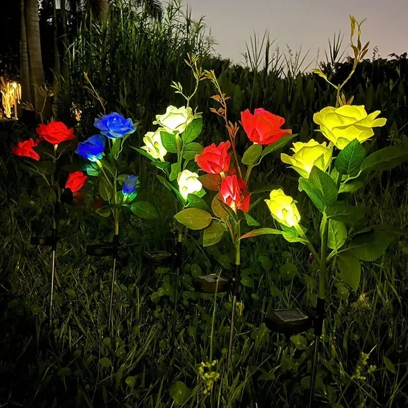 Garden Ground Light Solar Lawn Lamp LED Artificial 5 Head Rose Flower Holiday Summer Wedding Party Outdoor Yard Patio Decoration