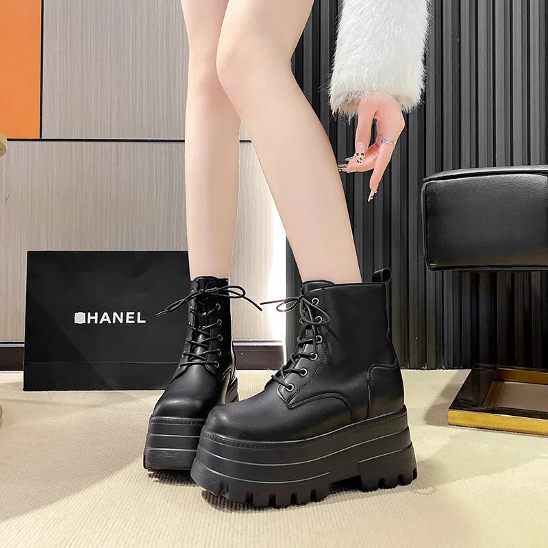 2025 Short Boots for Women Thick Bottom Casual Black White Ankle Boots Spring Autumn Platform Women Shoe 12cm High Heels Botines
